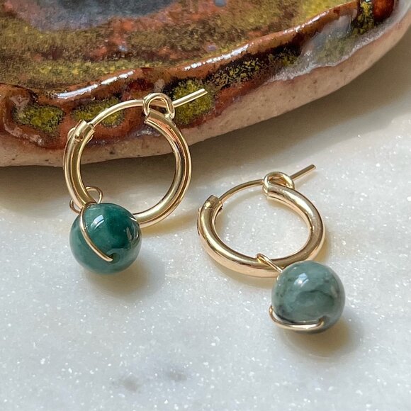 Gold Filled Huggies with Removable Forest Green Jade Charms - Picture 2 of 7